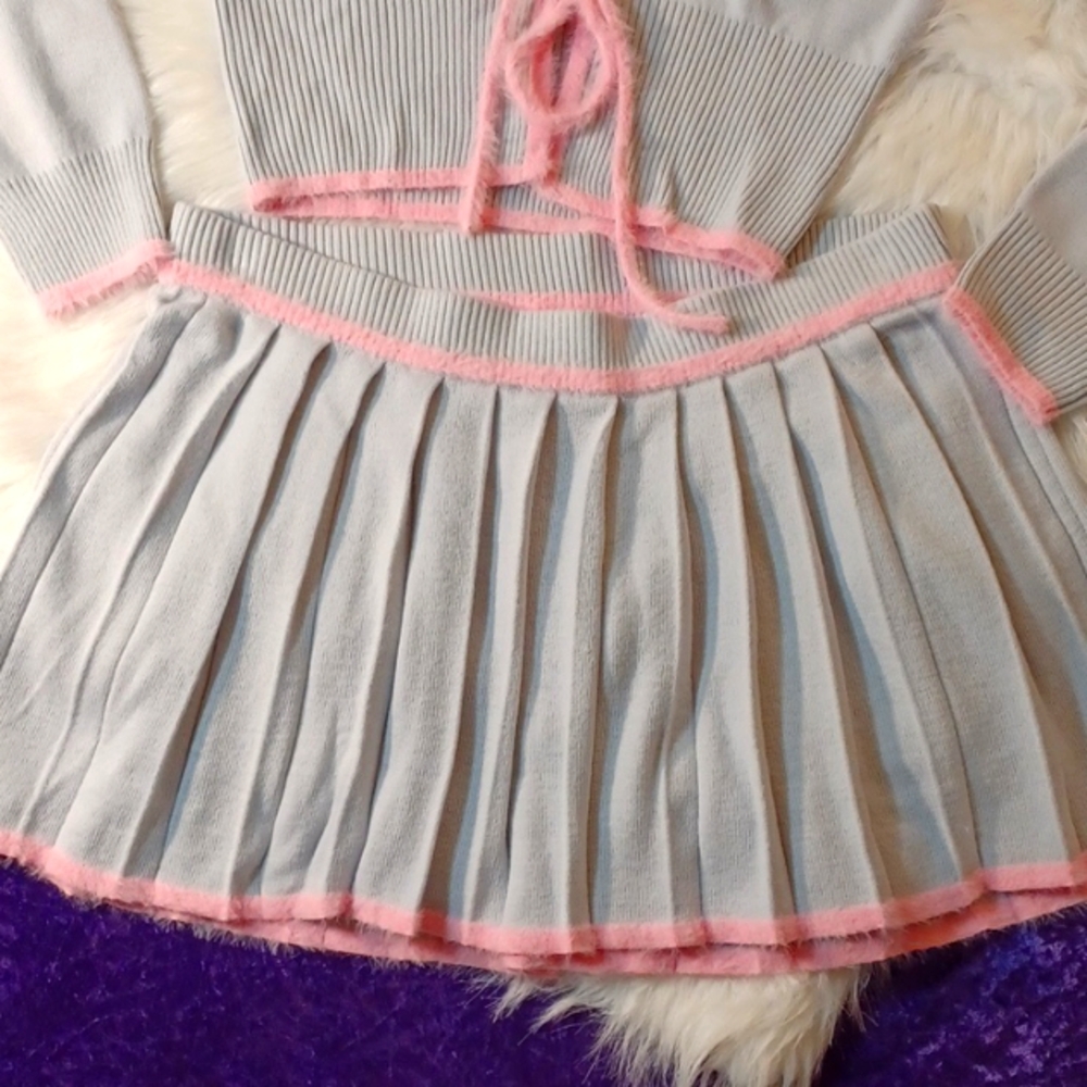 DOLLSKILL SUGAR THRILLZ 1X CRYSTAL QUIET SKIRT SET GRAY/PINK TRIM SOFT KNIT - Picture 4 of 17